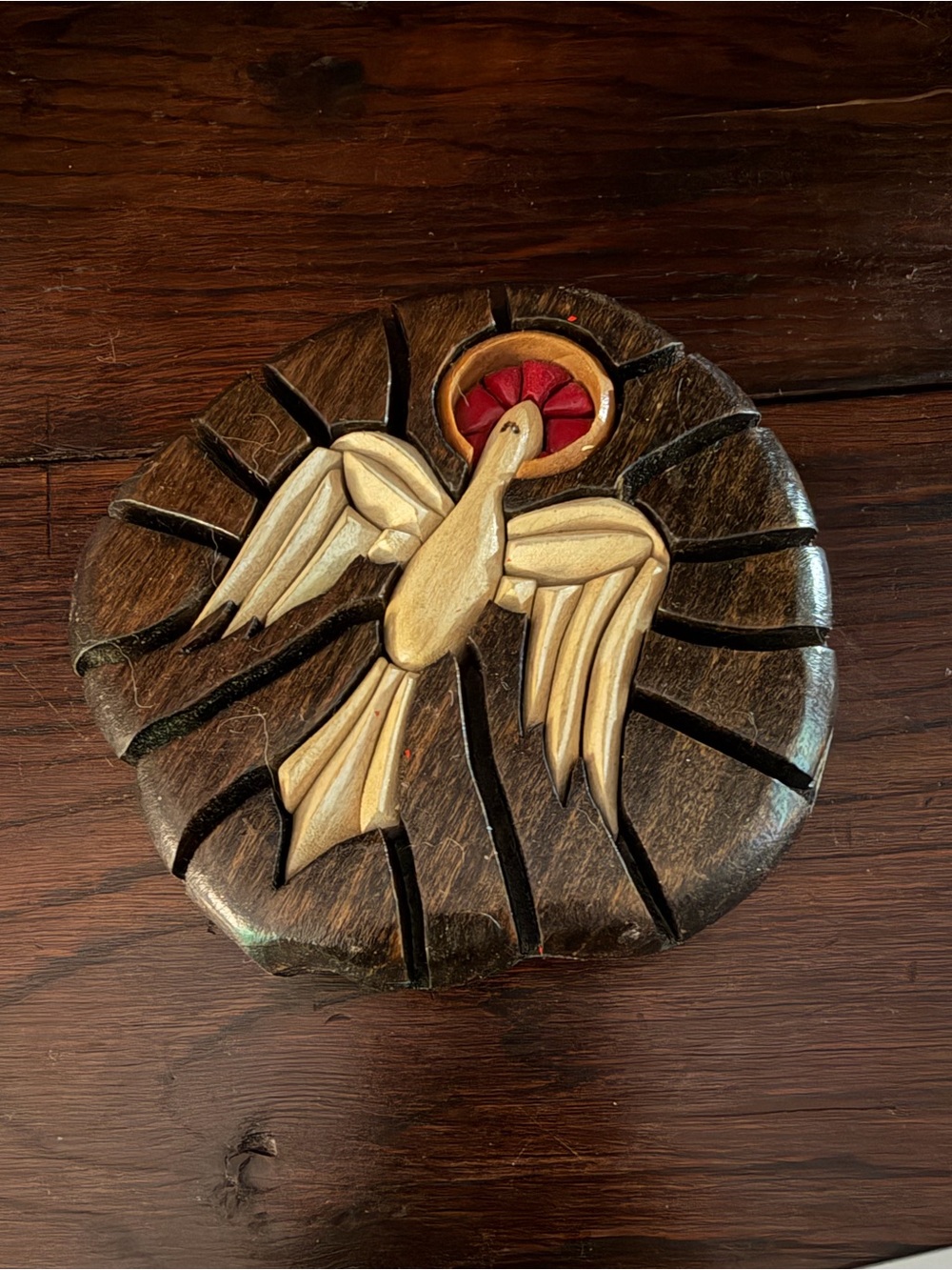 Hand-Carved Wooden Wall Art - Dove Motif with Red Accent